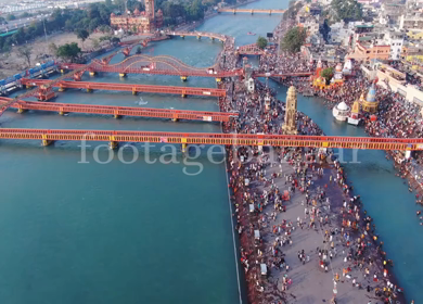 An aerial shot showing crowd of people at Kumbh Mela