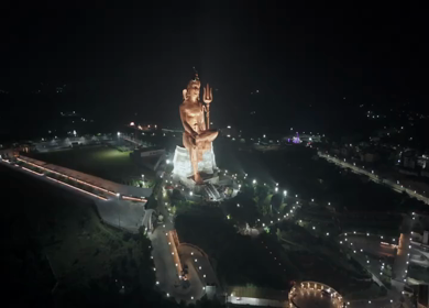 Aerial Drone Night View of Statue of Belief, the world’s tallest Shiva statue, Rajasthan, India