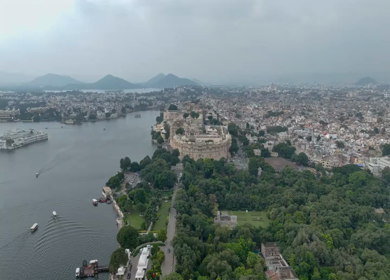 Aerial Drone Shot of City Palace, Udaipur, Rajasthan, India