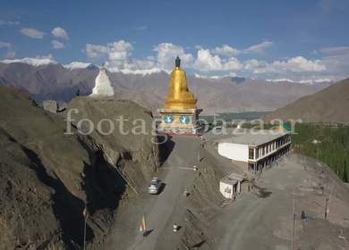 An aerial Shot of the Buddha Statue in Leh Ladakh,India