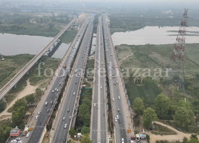 An aerial drone shot of the National Highway 24 in NCR, India