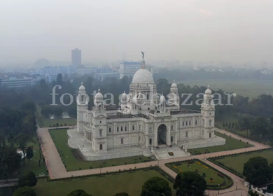 An Aerial shot of Victoria Memorial at Maidan, Kolkata, West Bengal, India 