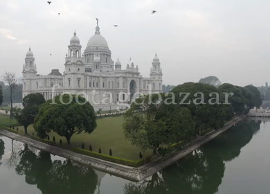 An Aerial shot of Victoria Memorial at Maidan, Kolkata, West Bengal, India 