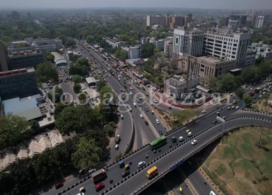 An aerial shot of the flyover with running traffic in New Delhi, India