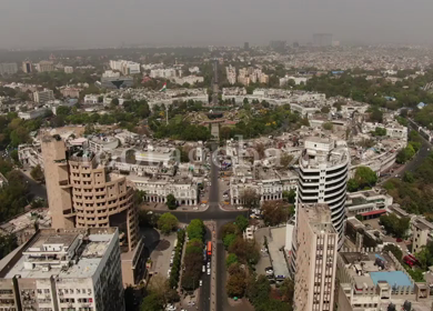 An aerial shot of the busy street at Connaught Place in New Delhi, India