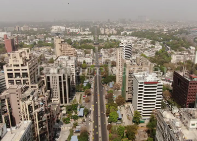 An aerial shot of the busy street at Connaught Place in New Delhi, India